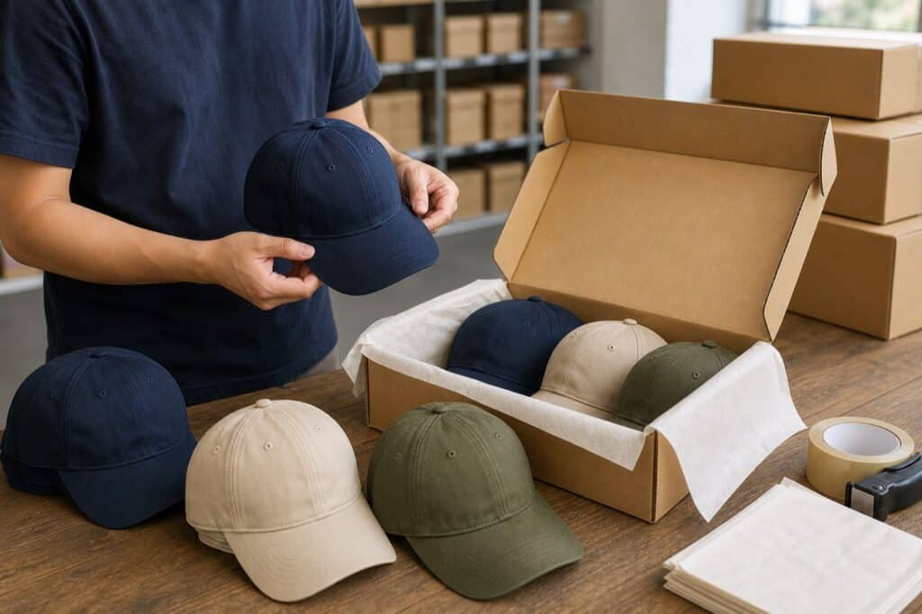 工作者將多款棒球帽檢查後放入素色紙箱準備出貨